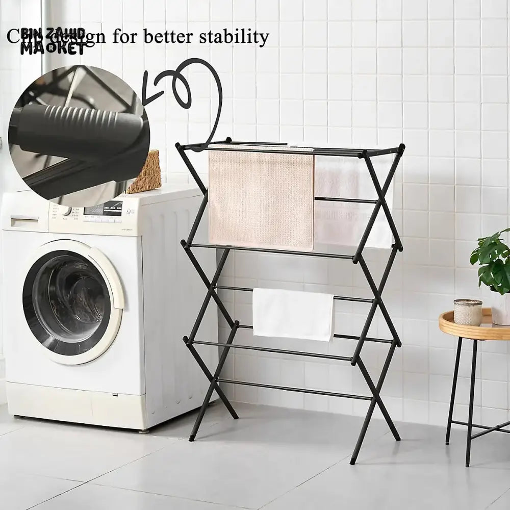 3 TIER EXTENDABLE CLOTHES DRYING RACK WITH WASHING LINE & TOWEL HOLDER – COMPACT & SPACE-SAVING DESIGN – BLACK