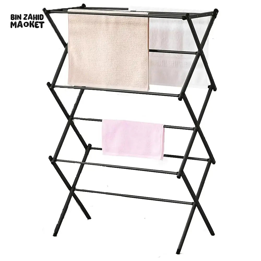 3 TIER EXTENDABLE CLOTHES DRYING RACK WITH WASHING LINE & TOWEL HOLDER – COMPACT & SPACE-SAVING DESIGN – BLACK