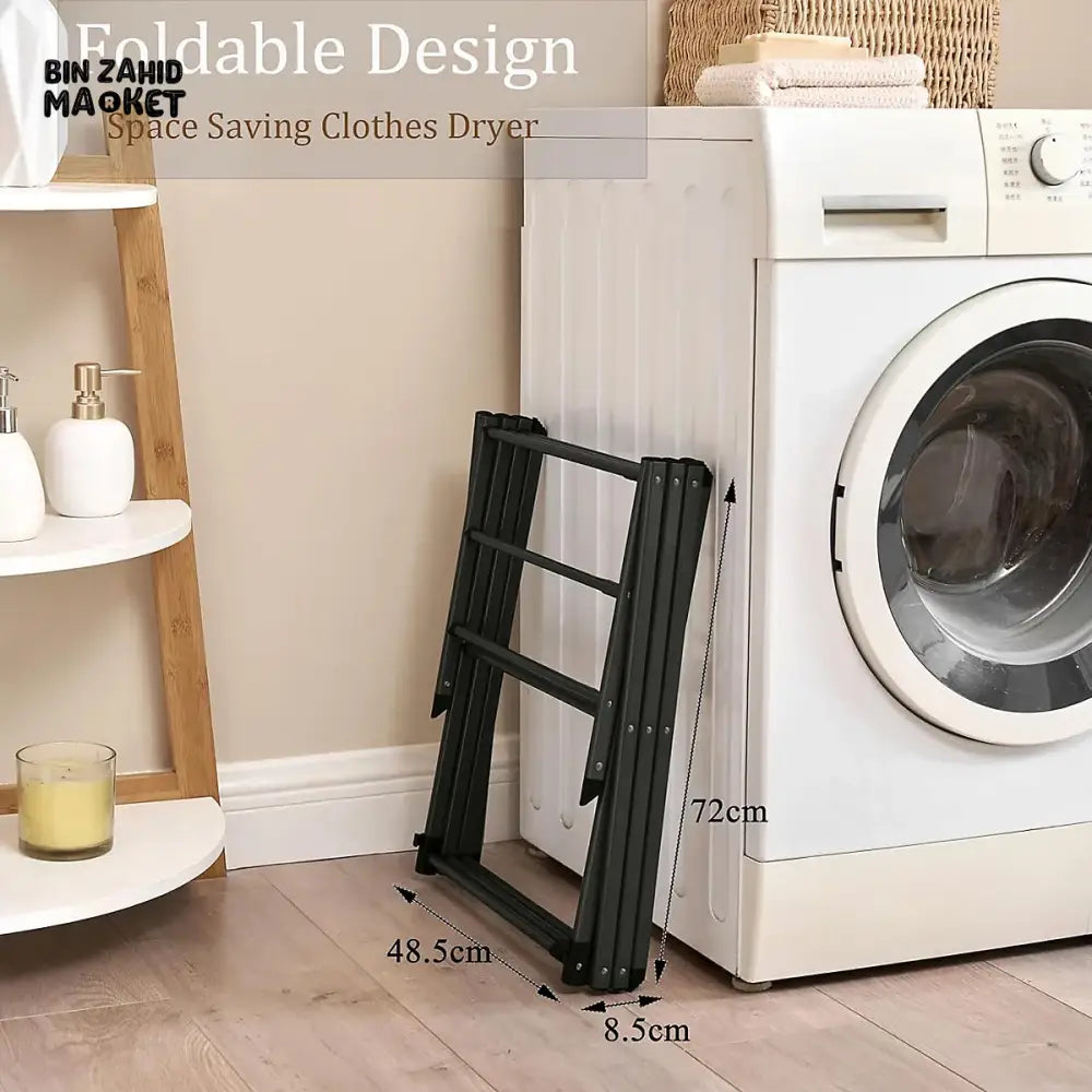 3 TIER EXTENDABLE CLOTHES DRYING RACK WITH WASHING LINE & TOWEL HOLDER – COMPACT & SPACE-SAVING DESIGN – BLACK