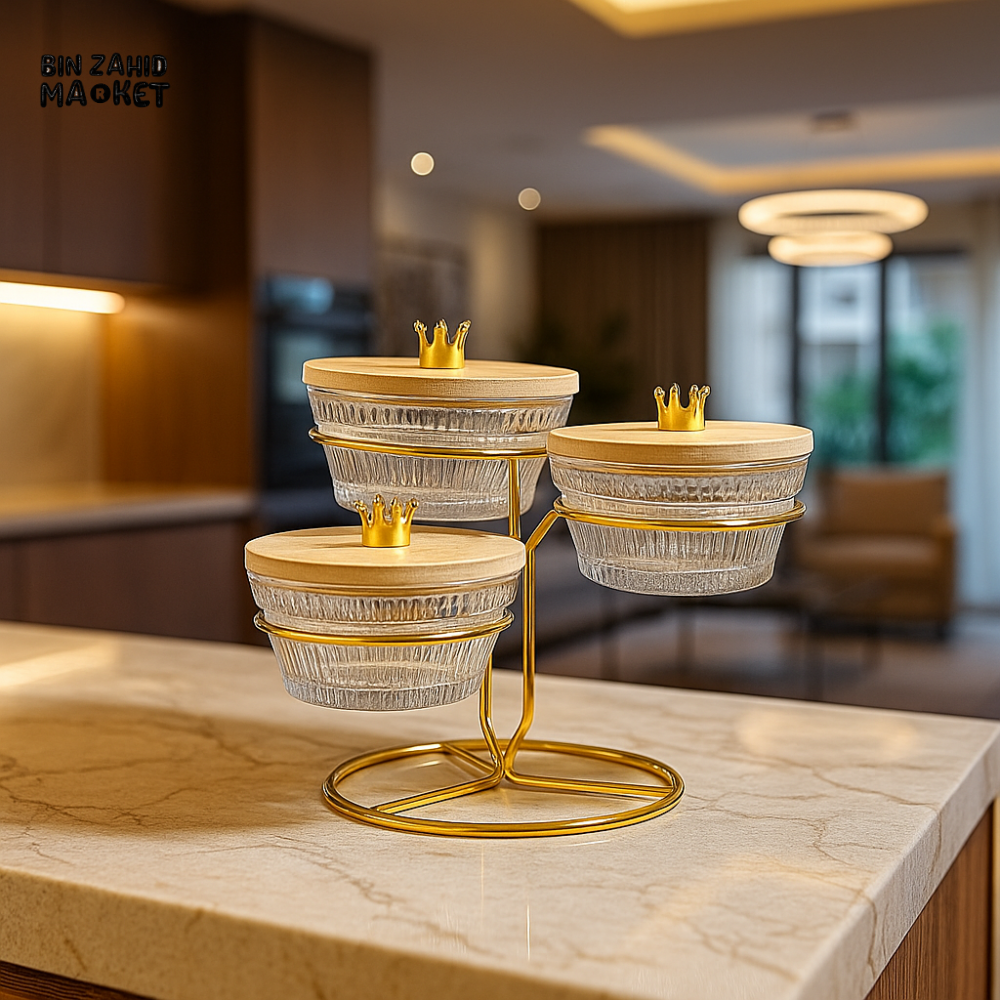 3-TIER GLASS CONDIMENT JAR SET WITH WOODEN LIDS & GOLD STAND – LUXURY KITCHEN ORGANIZER