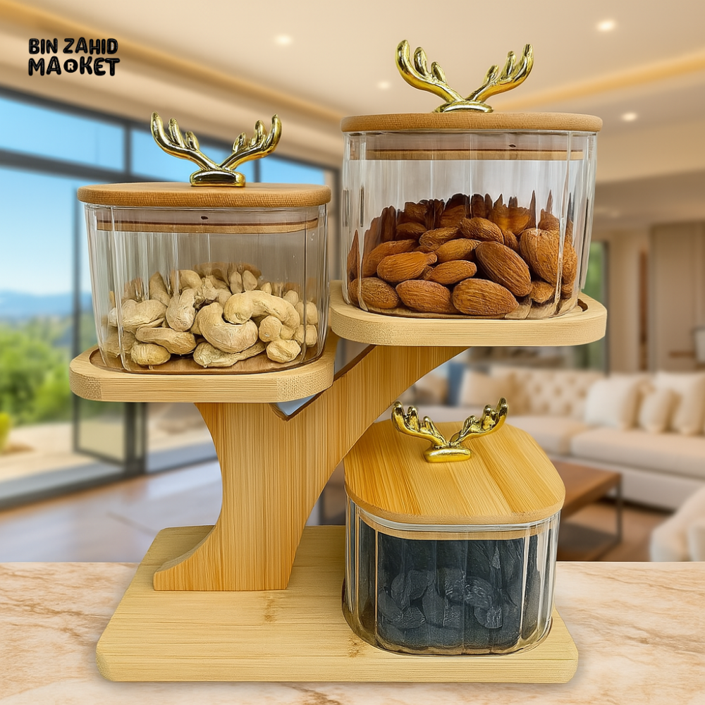 3-TIER GLASS JAR SET WITH WOODEN STAND & GOLD DEER HANDLES – LUXURY DRY FRUIT & SNACK STORAGE DISPLAY FOR KITCHEN OR TABLETOP DECOR