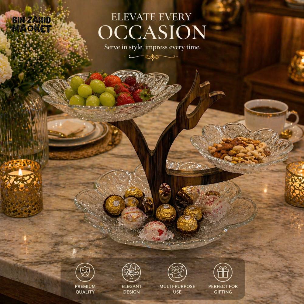 3 TIER GLASS SERVING STAND WITH WOODEN HOLDER