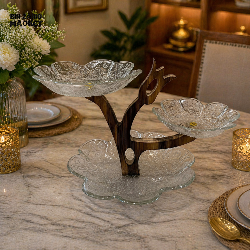 3 TIER GLASS SERVING STAND WITH WOODEN HOLDER
