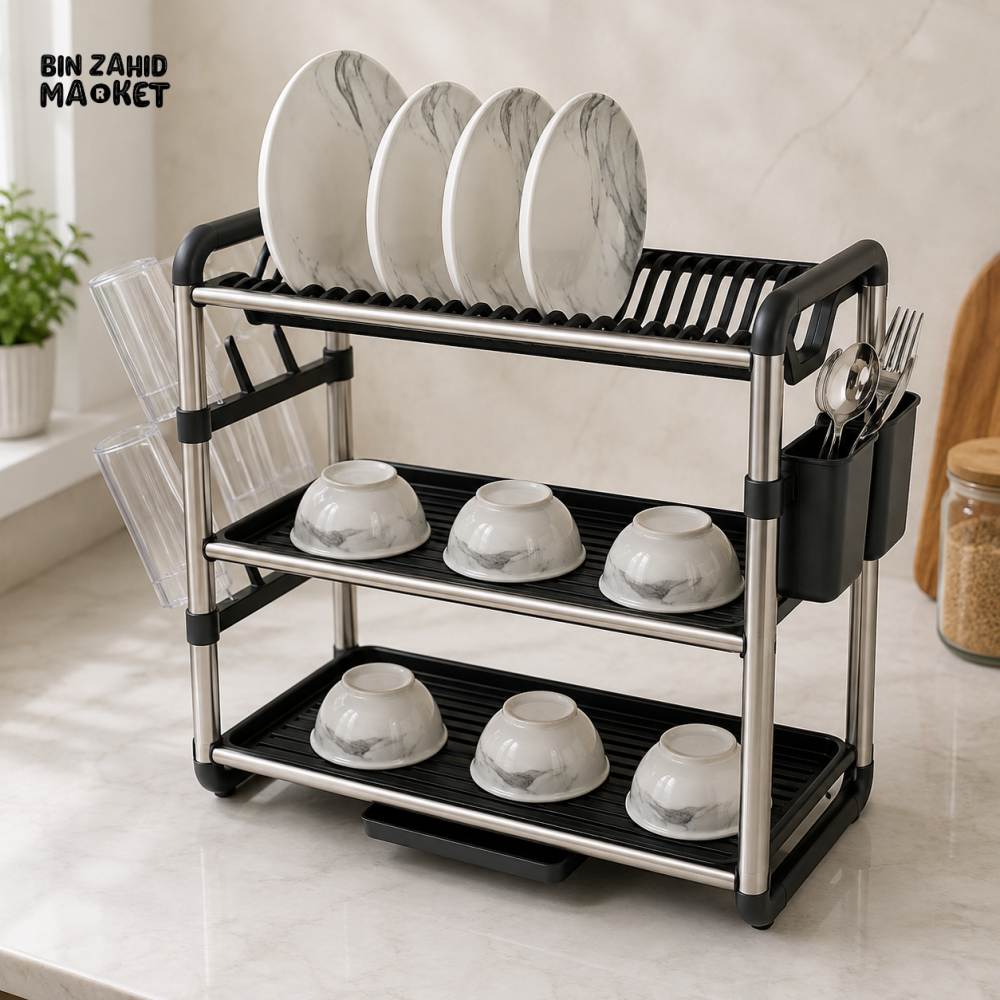 3-TIER KITCHEN DISH DRYING RACK WITH UTENSIL AND CUP HOLDERS