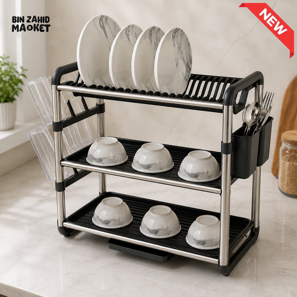 3-TIER KITCHEN DISH DRYING RACK WITH UTENSIL AND CUP HOLDERS