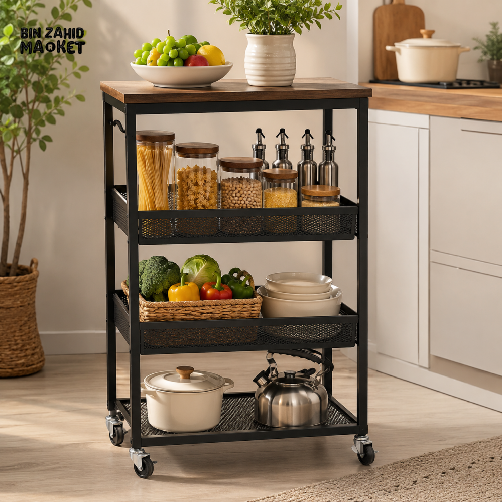 3 TIER METAL ROLLING STORAGE CART - Home Utility Accessories