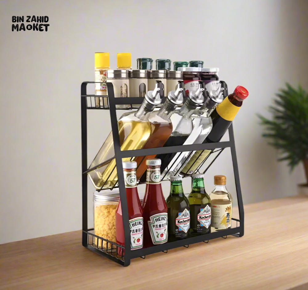 3 TIER SPICE RACK KITCHEN STORAGE SHELF METAL WITH GUARDRAIL