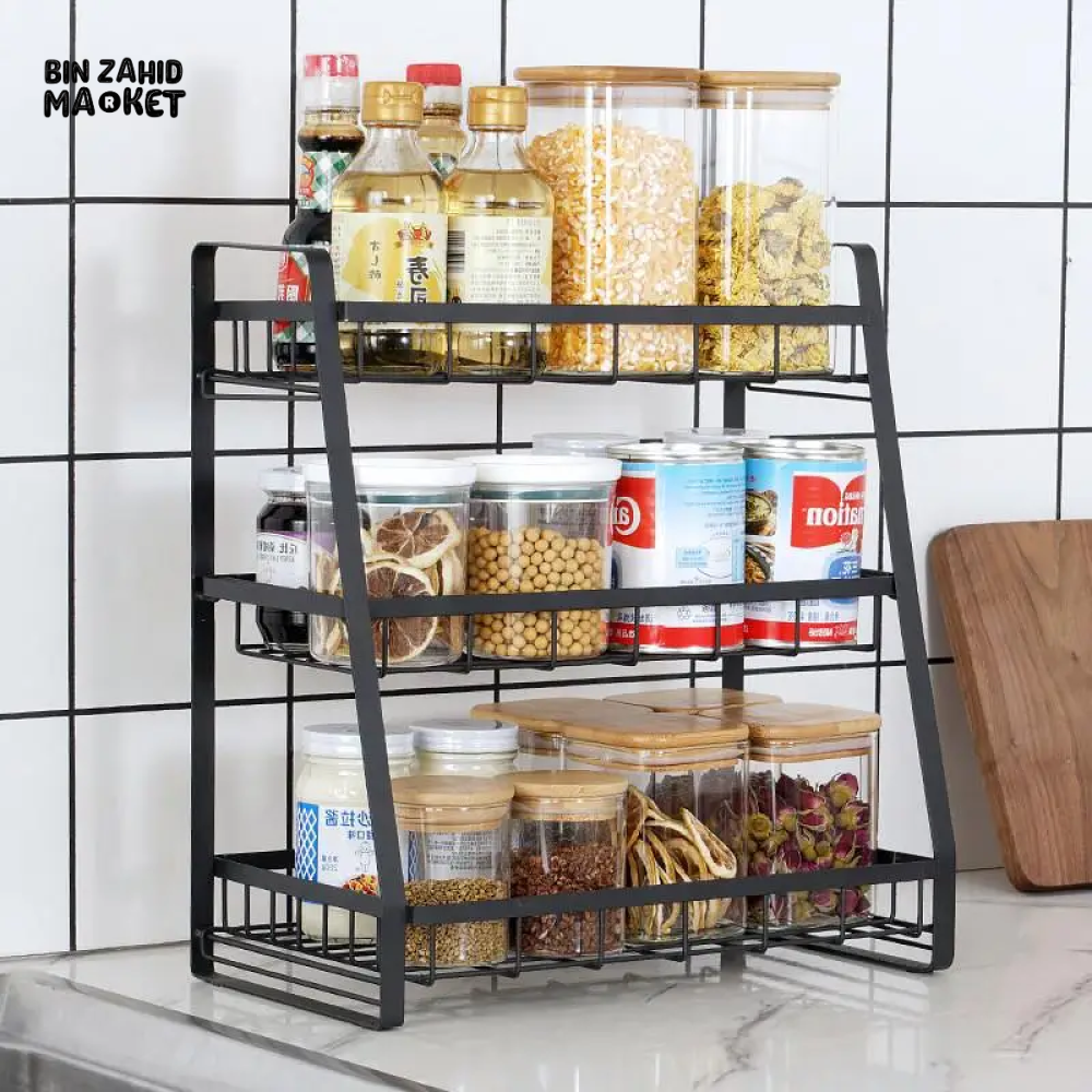 3 TIER SPICE RACK KITCHEN STORAGE SHELF METAL WITH GUARDRAIL