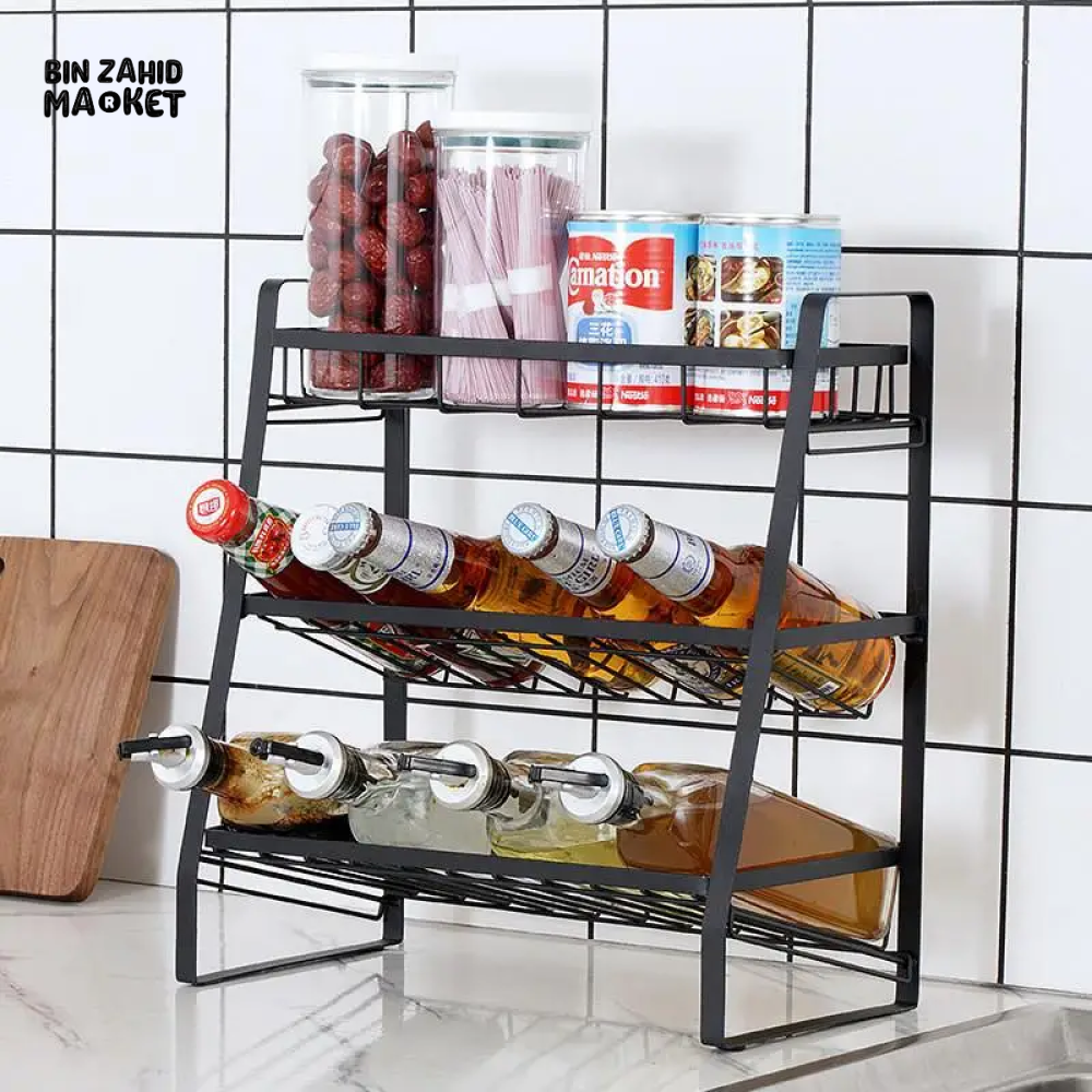 3 TIER SPICE RACK KITCHEN STORAGE SHELF METAL WITH GUARDRAIL