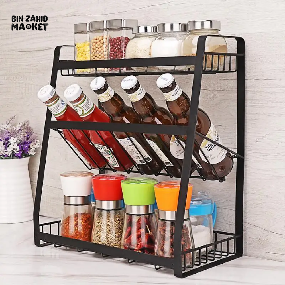 3 TIER SPICE RACK KITCHEN STORAGE SHELF METAL WITH GUARDRAIL