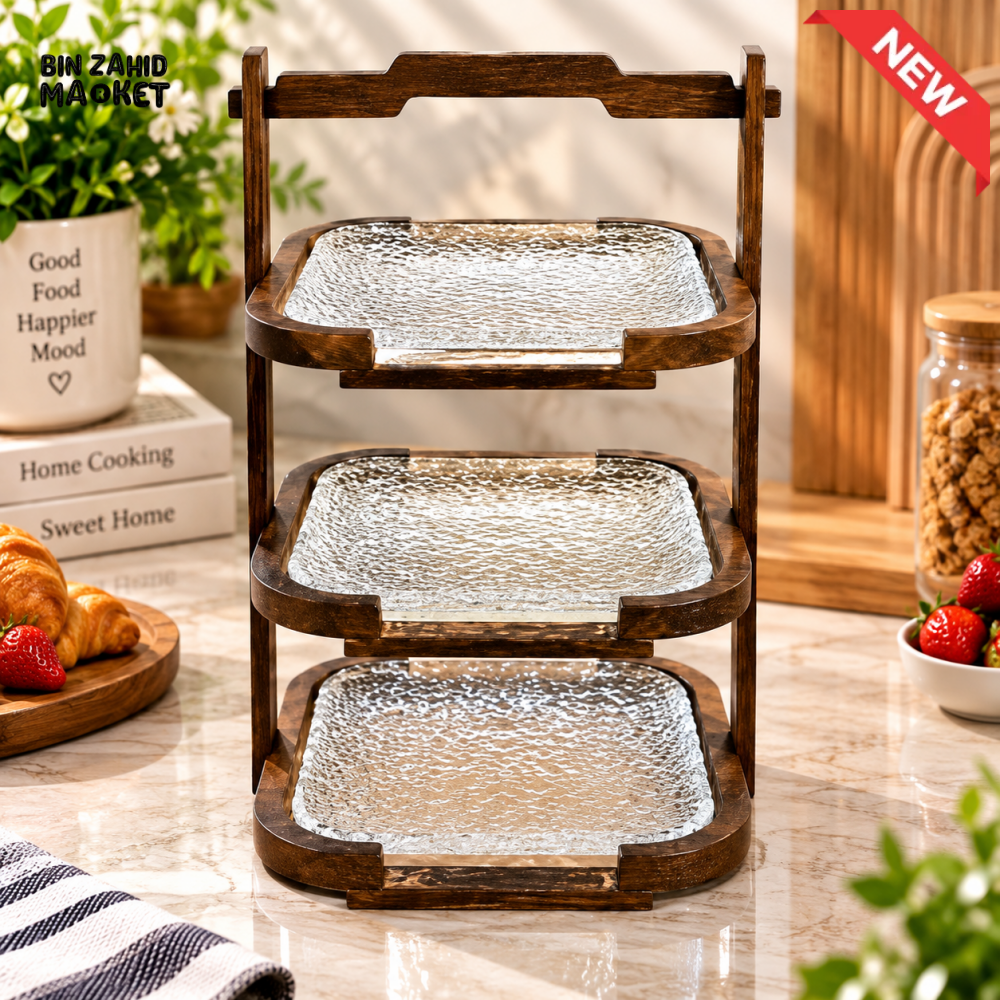 3-TIER TEXTURED GLASS SERVING TRAY STAND WITH WOODEN FRAME - SMALL