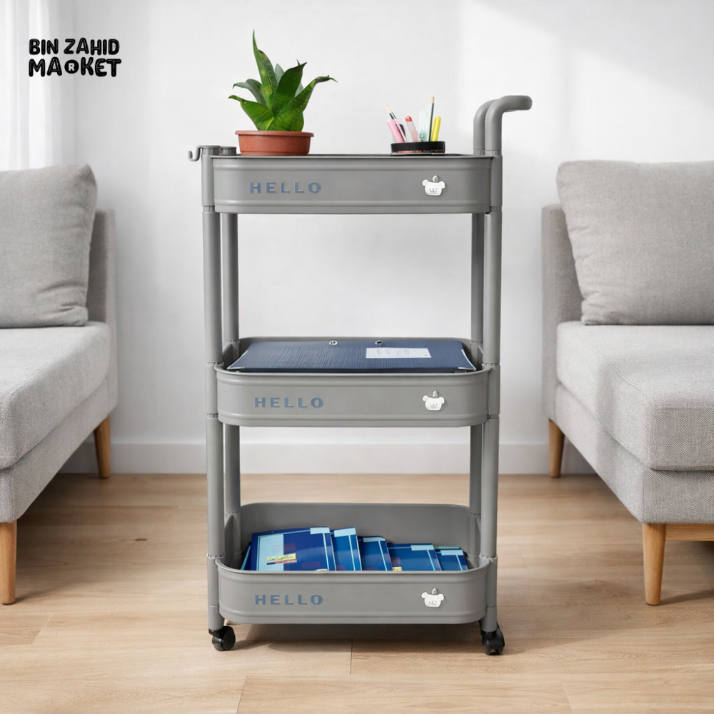 3-TIER UTILITY PLASTIC ROLLING CART ORGANRIZE KITCHEN BATHROOM & OFFICE STORAGE RACK - GREY