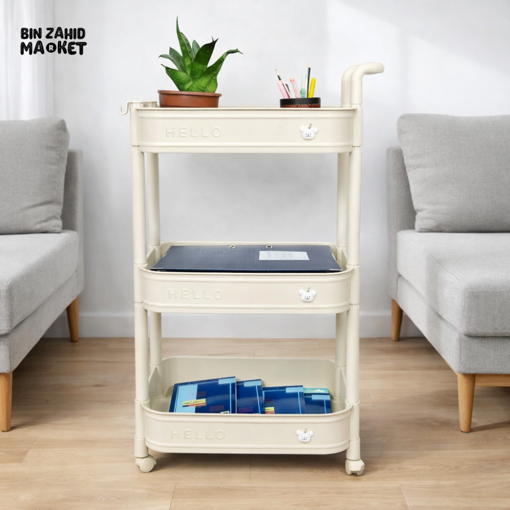 3-TIER UTILITY PLASTIC ROLLING CART ORGANRIZE KITCHEN BATHROOM & OFFICE STORAGE RACK - OFF-WHITE