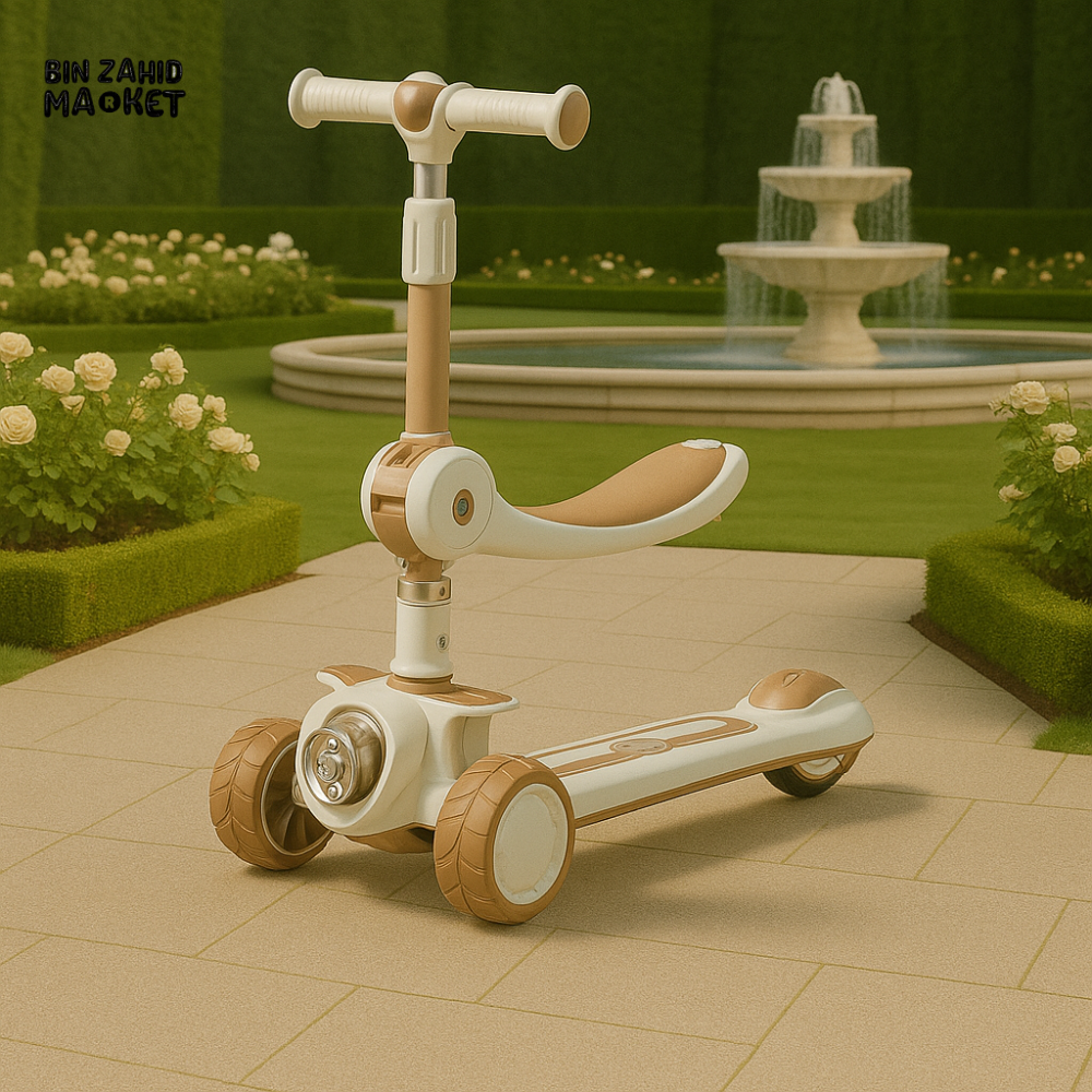 3-WHEEL KIDS SCOOTER WITH SEAT FOLDABLE & ADJUSTABLE RIDE-ON FOR TODDLERS - CREAM & TAN