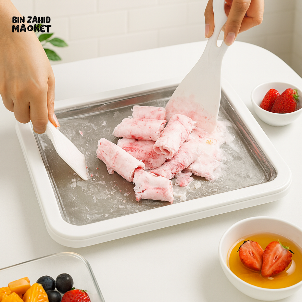 304 STAINLESS STEEL ICE CREAM ROLL MACHINE WITH SCOOP – RECTANGULAR DEEPENED COLD PLATE SORBET MAKER FOR HOME