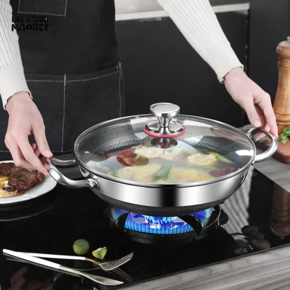 304 STAINLESS STEEL NON STICK FRYING PAN – 28CM FOOD GRADE HONEYCOMB WOK COMPATIBLE WITH GAS STOVE & GENERAL COOKING USE
