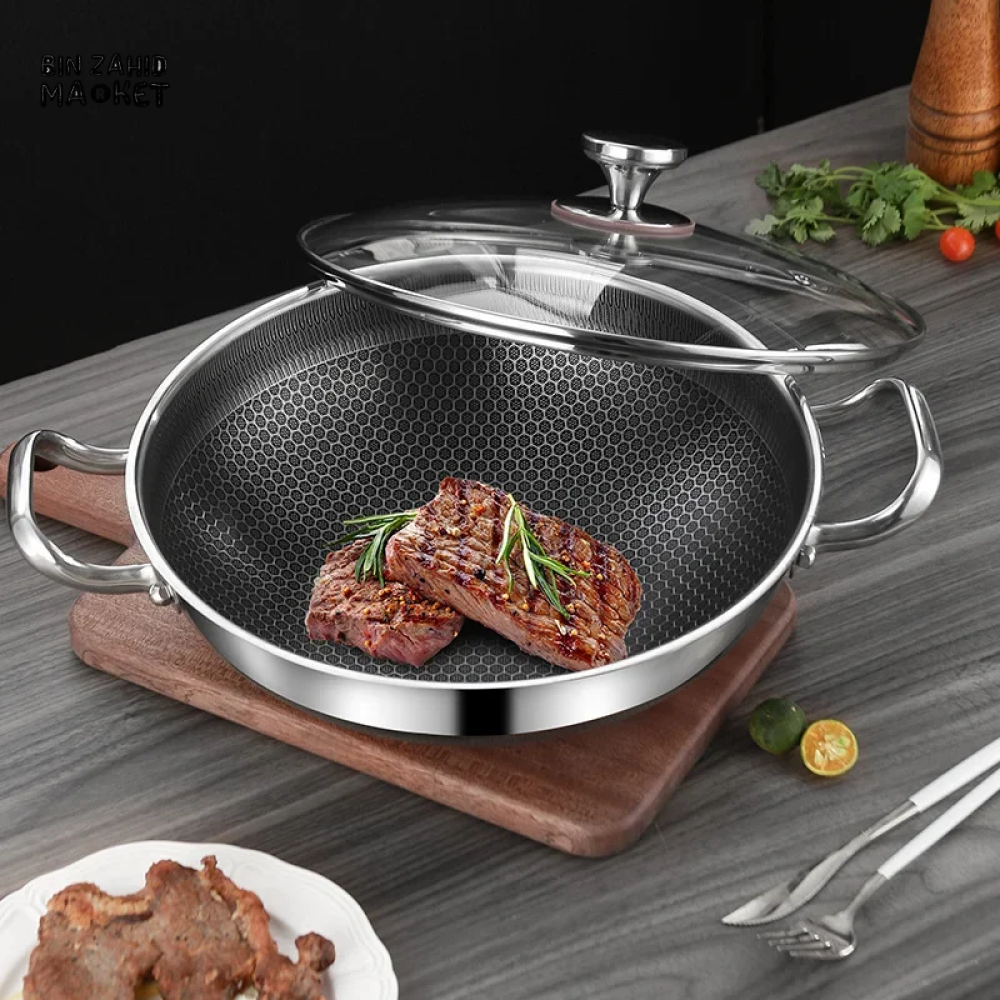 304 STAINLESS STEEL NON STICK FRYING PAN – 28CM FOOD GRADE HONEYCOMB WOK COMPATIBLE WITH GAS STOVE & GENERAL COOKING USE