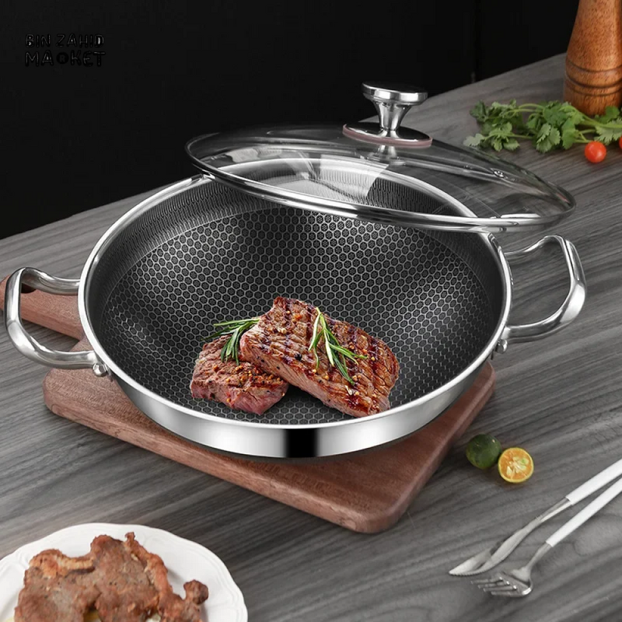304 STAINLESS STEEL NON STICK FRYING PAN – 28CM FOOD GRADE HONEYCOMB WOK COMPATIBLE WITH GAS STOVE & GENERAL COOKING USE