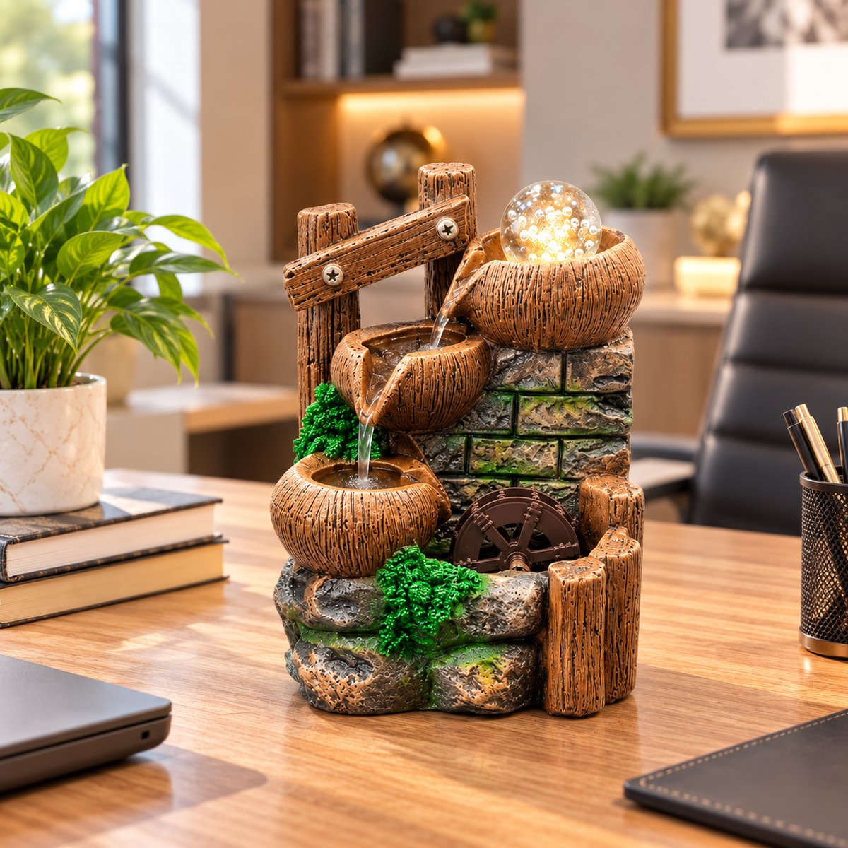 RUSTIC MULTI-TIER TABLETOP WATER FOUNTAIN WITH LED LIGHT & WATER WHEEL
