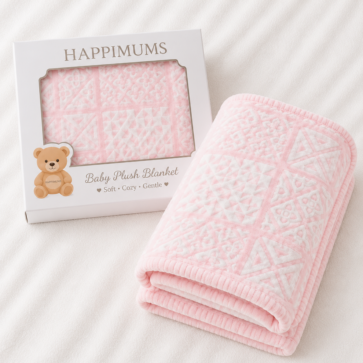 HAPPIMUMS BABY PLUSH SLEEPING BLANKET DOUBLE PLY BLUSH PATCHWORK 110 x 80 - PINK