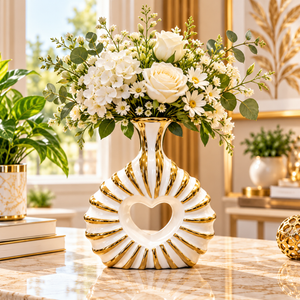 WHITE & GOLD HEART DESIGN DECORATIVE VASE - SMALL