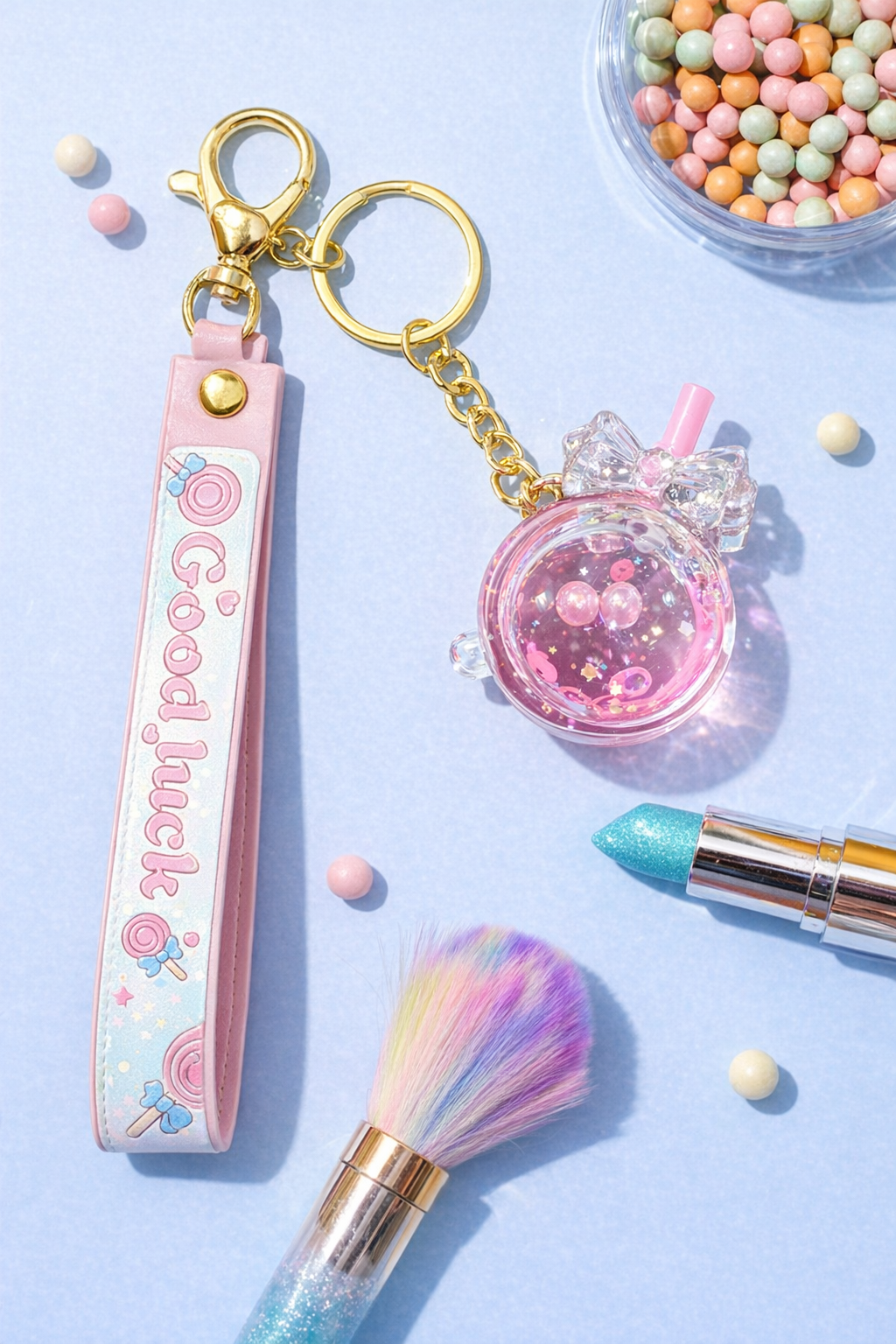 KAWAII GOOD LUCK LIQUID CHARM KEYCHAIN – CUTE PASTEL BAG & KEY ACCESSORY