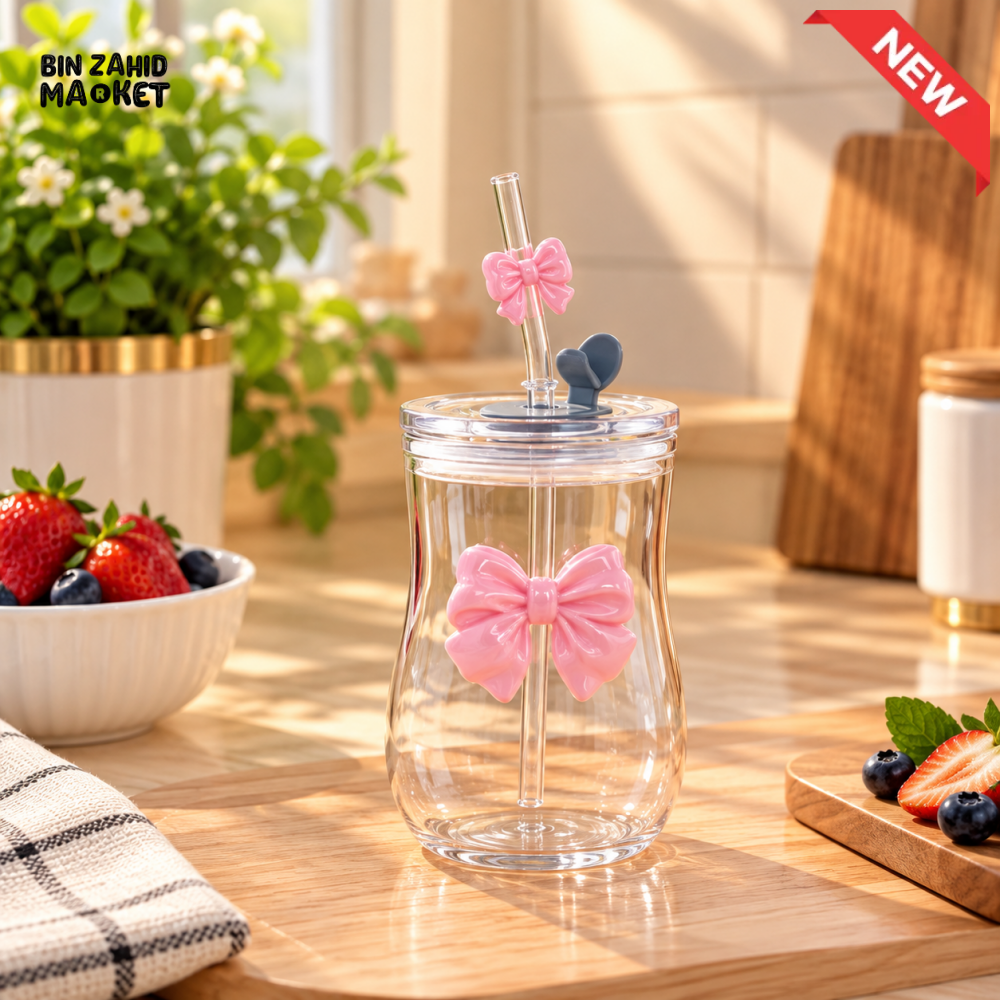 320ML CURVE BOW GLASS SIPPER WITH LID AND STRAW - Tumblers