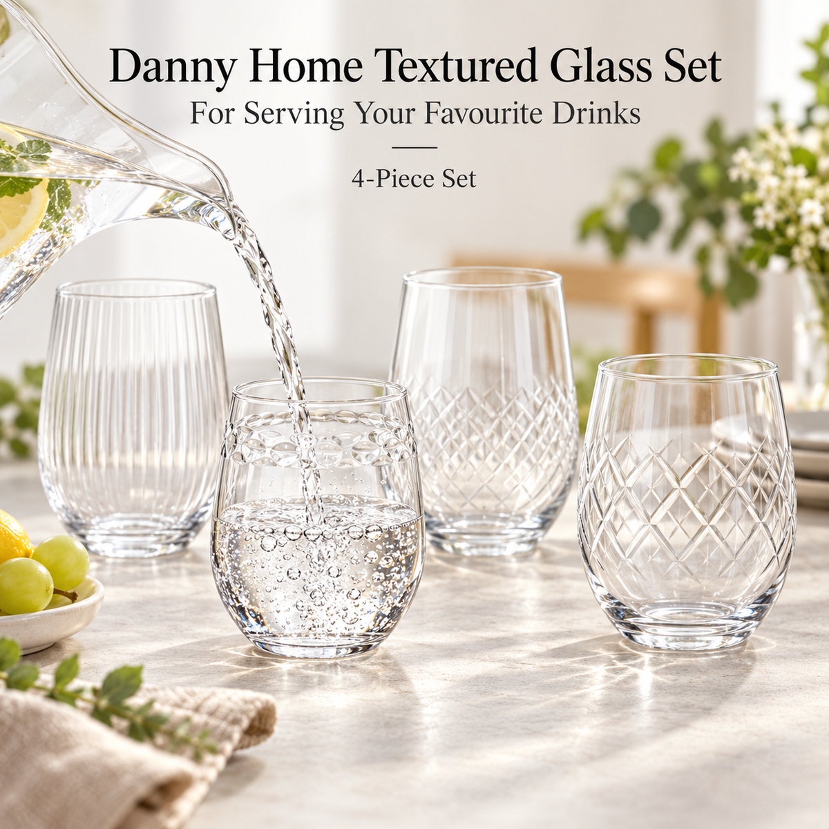 Danny Home 4 Piece Textured Glass Set - 500 ml