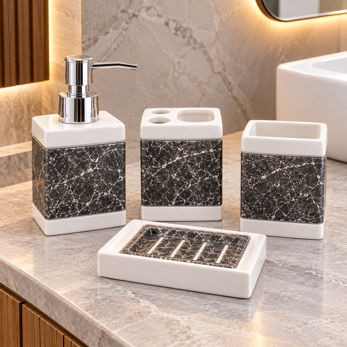 BLACK & WHITE MARBLE DESIGN BATHROOM ACCESSORY SET