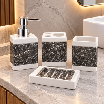 BLACK & WHITE MARBLE DESIGN BATHROOM ACCESSORY SET