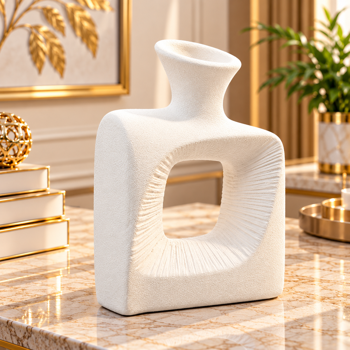WHITE SQUARE OPEN CENTER DECORATIVE VASE - SMALL