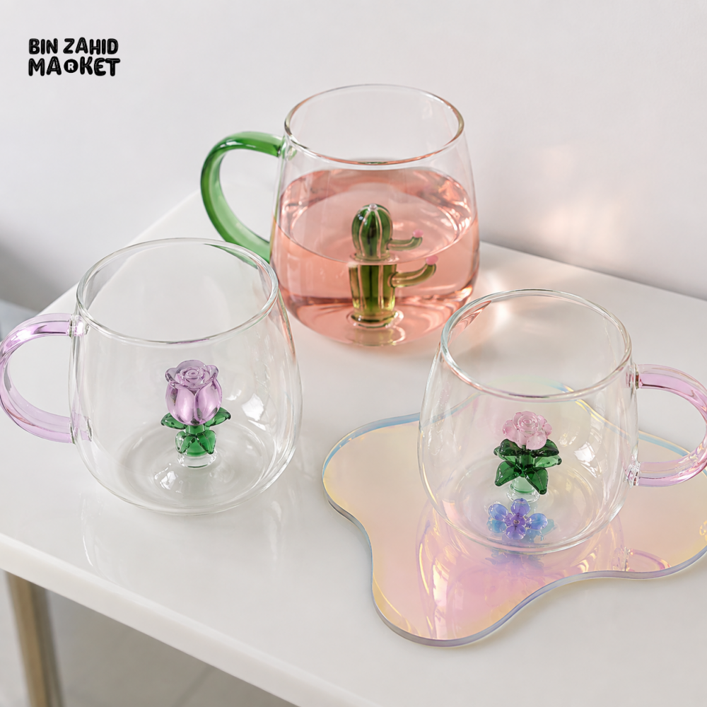 350ML CLEAR GLASS MUG WITH COLORED HANDLE AND FLORAL DESIGN