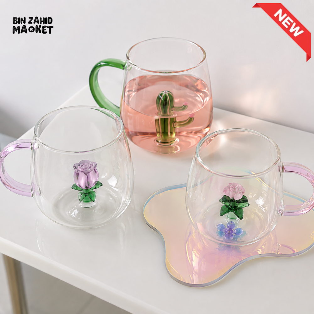 350ML CLEAR GLASS MUG WITH COLORED HANDLE AND FLORAL DESIGN