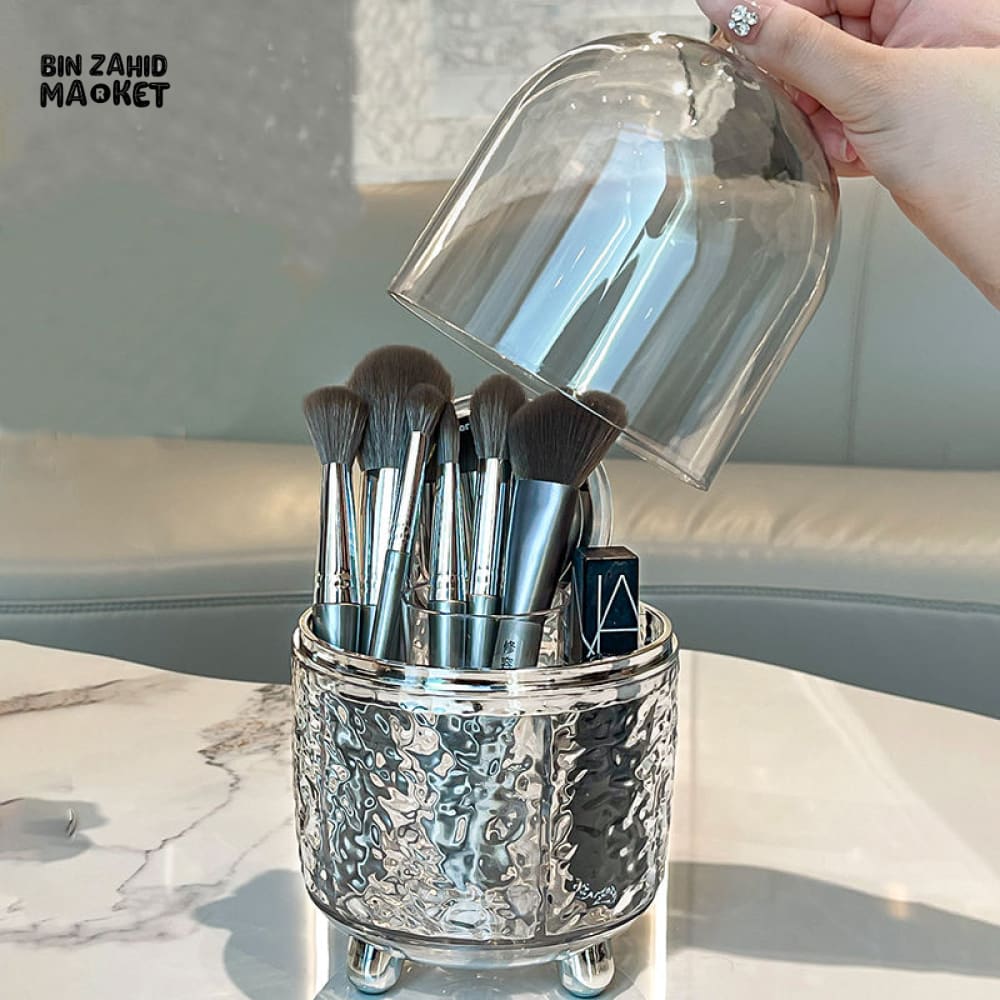360° ROTATING DUSTPROOF MAKEUP BRUSH HOLDER – LUXURY DOME COSMETIC ORGANIZER WITH METALLIC BASE FOR VANITY & DRESSING TABLE