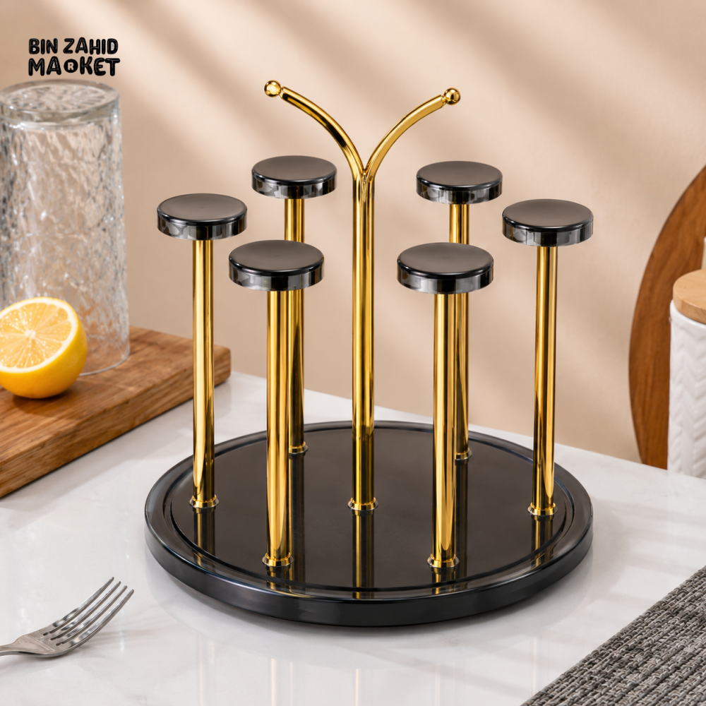 360° ROTATING GOLD METAL CUP HOLDER STAND WITH BLACK BASE