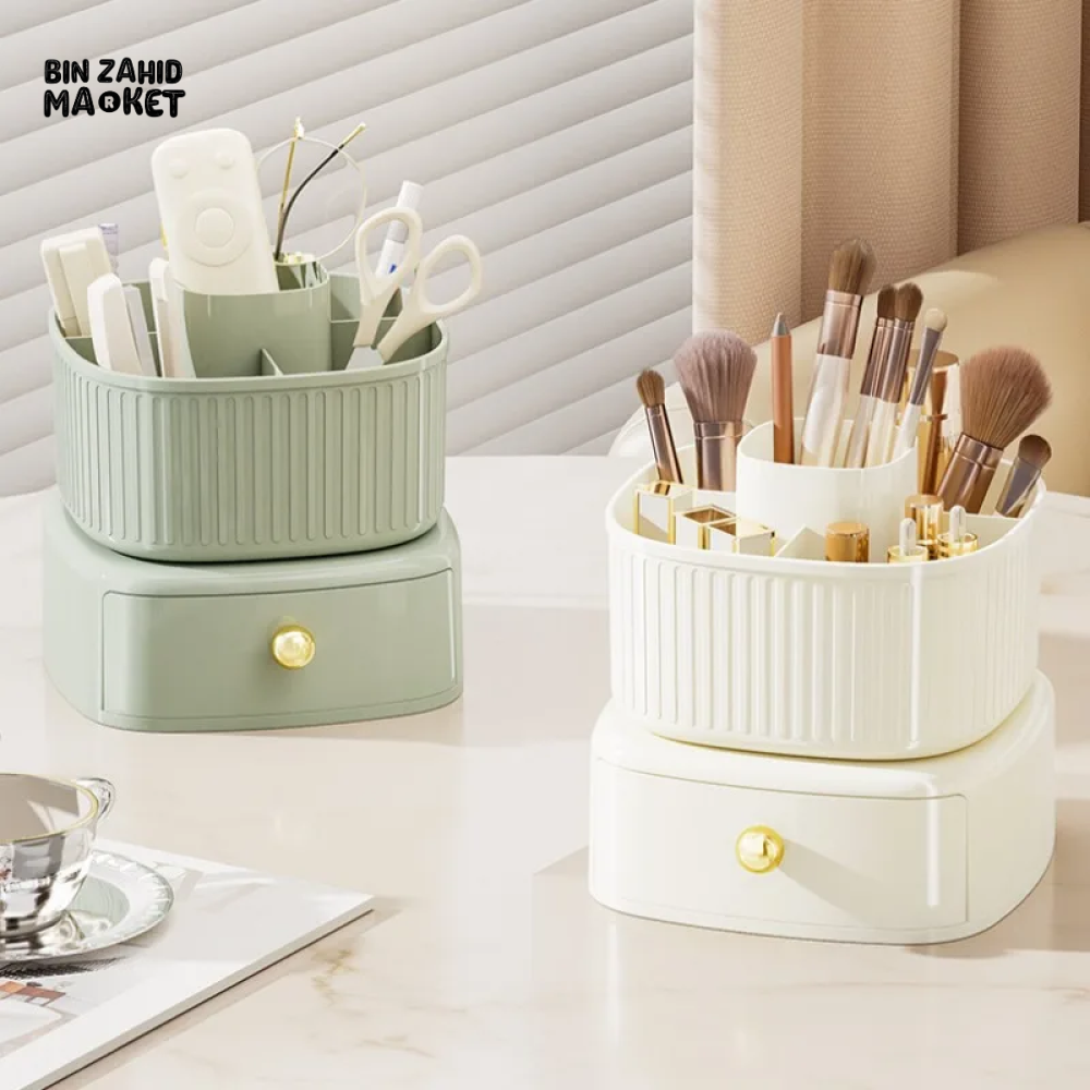 360° ROTATING MAKEUP BRUSH BOX WITH DRAWER ORGANIZER FOR VANITY