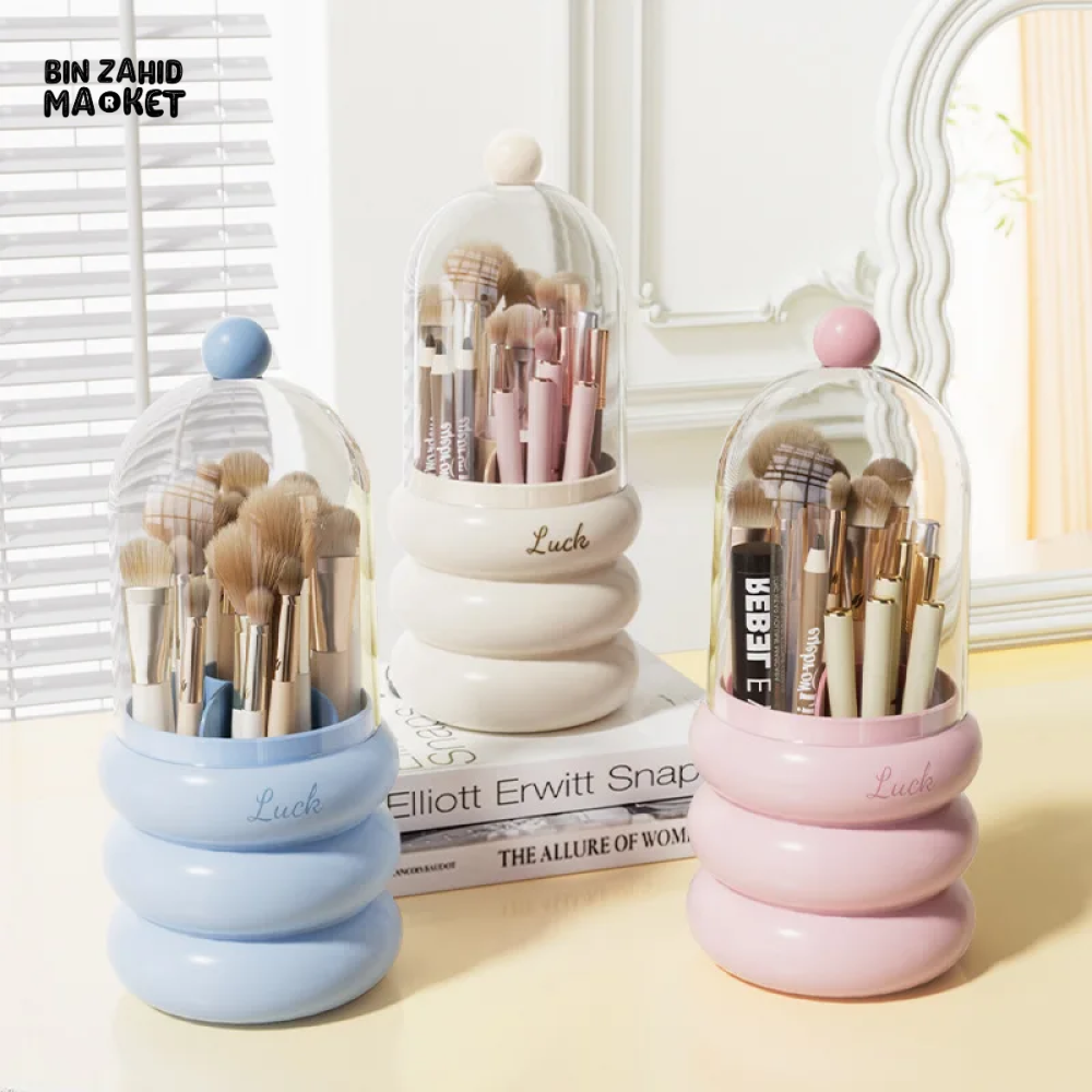 360° ROTATING MAKEUP BRUSH HOLDER WITH LID & LIPSTICK ORGANIZER
