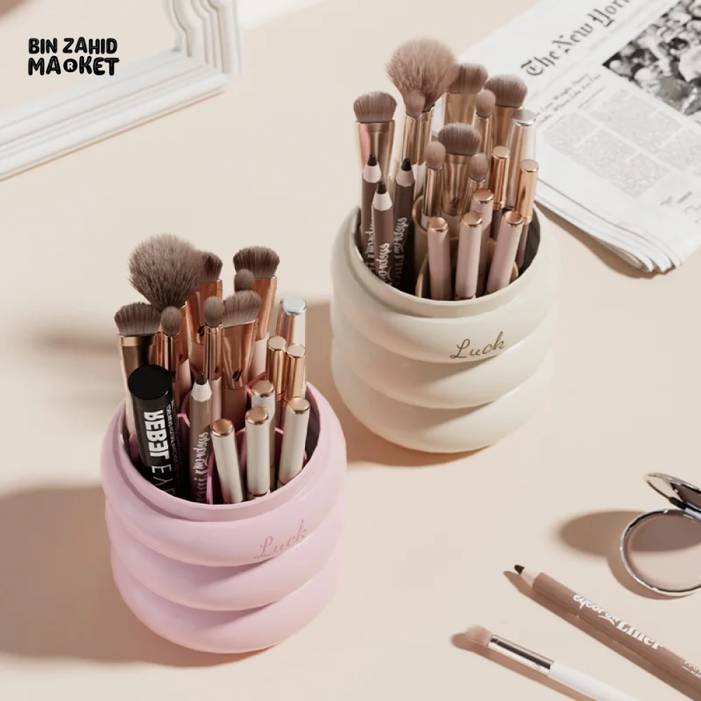 360° ROTATING MAKEUP BRUSH HOLDER WITH LID & LIPSTICK ORGANIZER