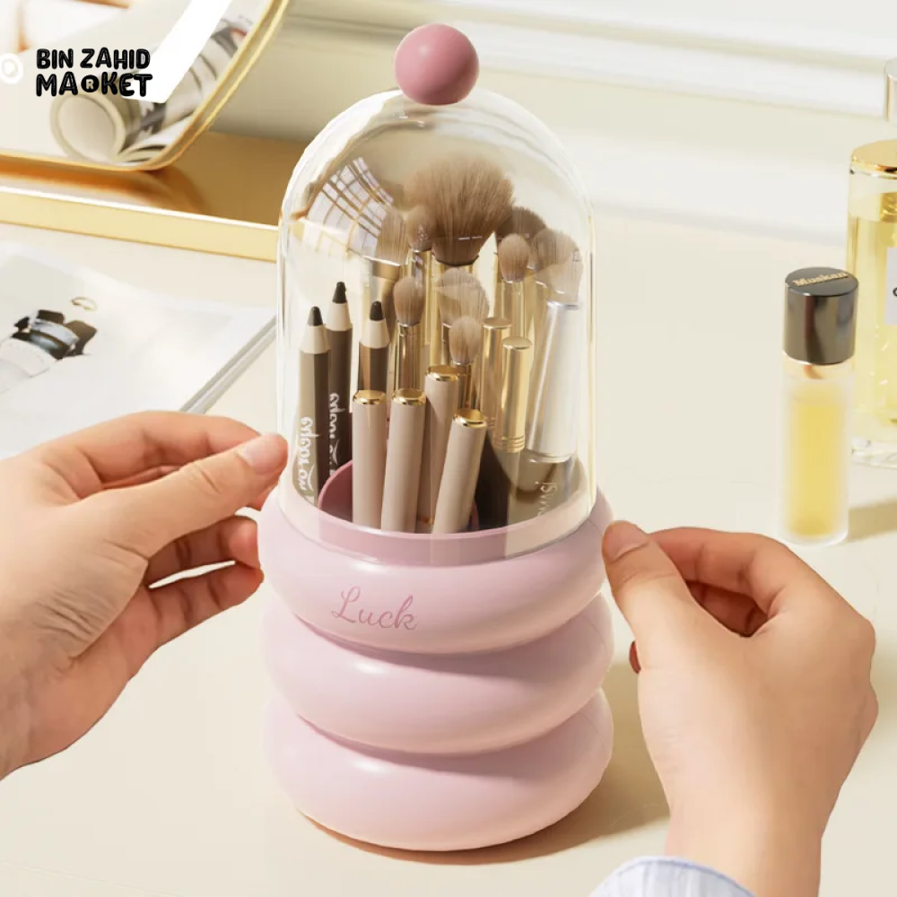 360° ROTATING MAKEUP BRUSH HOLDER WITH LID & LIPSTICK ORGANIZER