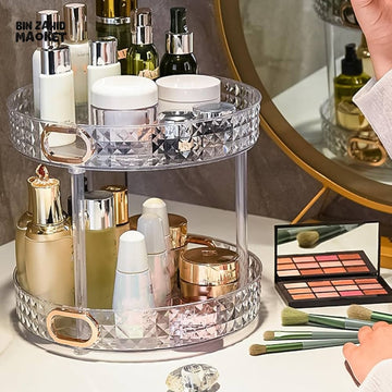 360° ROTATING MAKEUP ORGANIZER | 2-TIER SPINNING STORAGE FOR PERFUME, SKINCARE & COSMETICS
