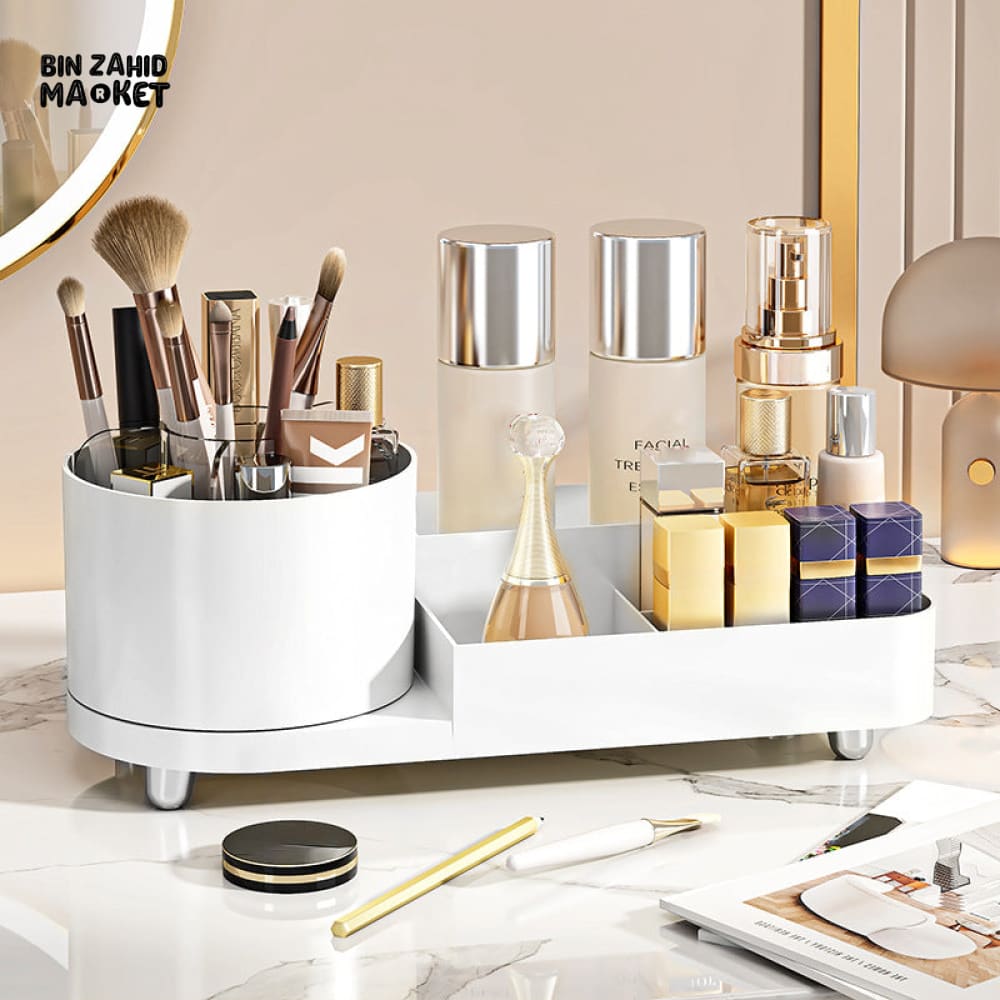 360° ROTATING MAKEUP ORGANIZER – LARGE CAPACITY VANITY STORAGE BOX WITH BRUSH HOLDER FOR BATHROOM COUNTERTOP & DESK