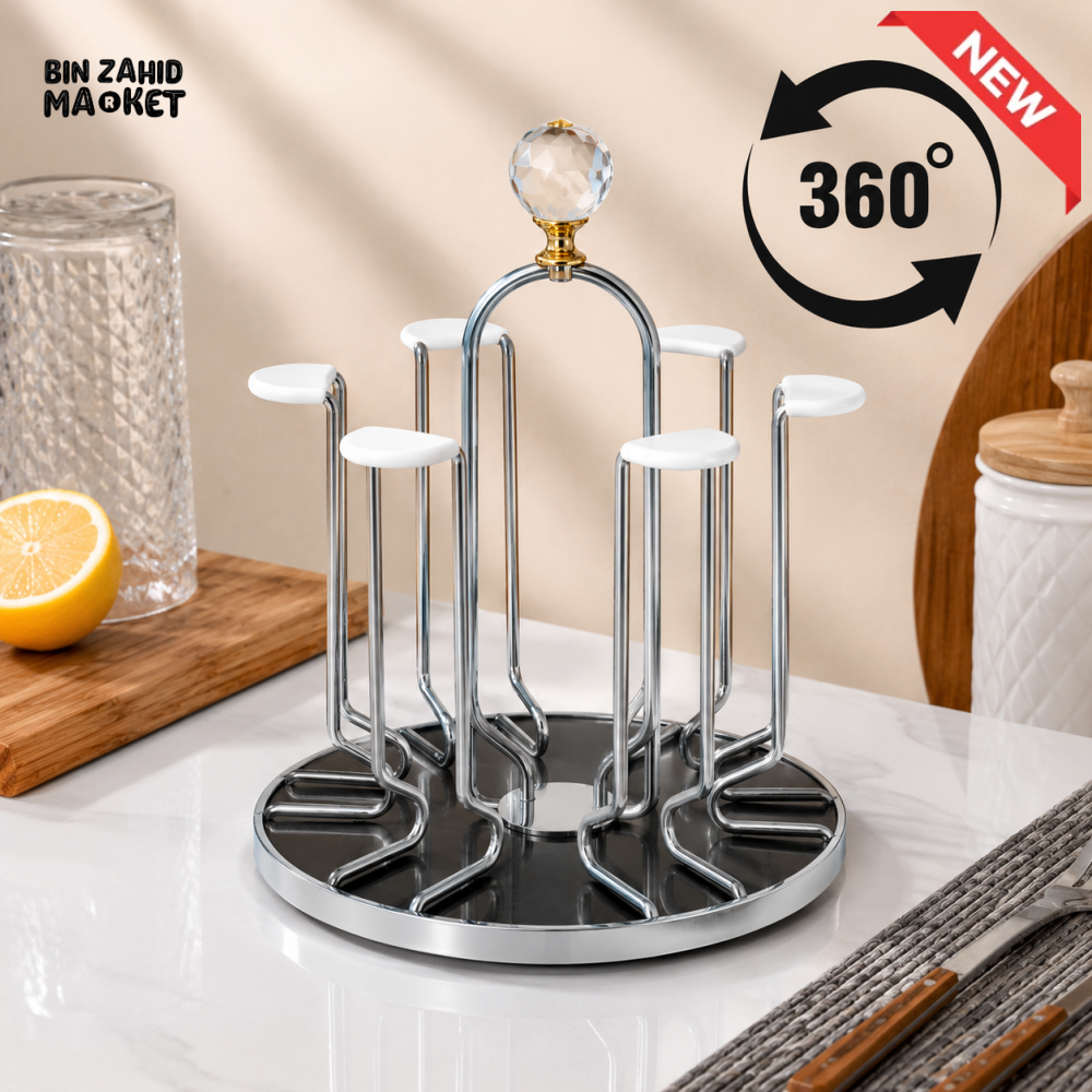 360° ROTATING SILVER METAL CUP HOLDER STAND WITH CRYSTAL TOP