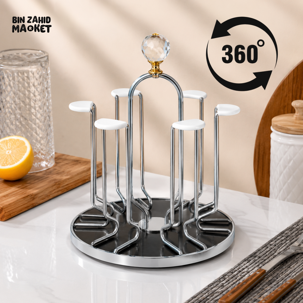 360° ROTATING SILVER METAL CUP HOLDER STAND WITH CRYSTAL TOP