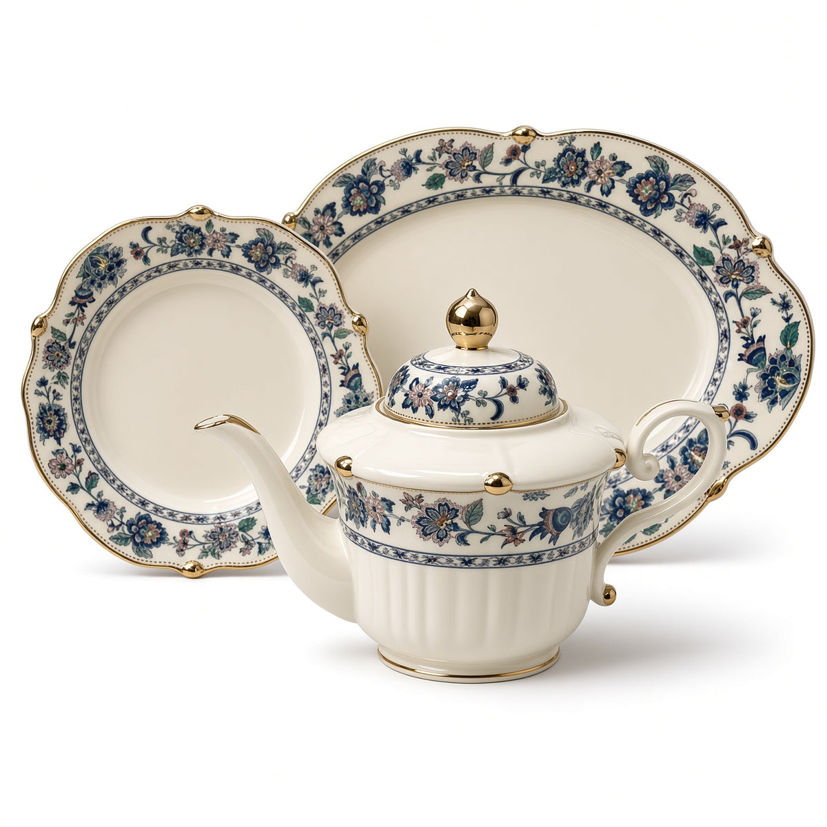 Royal Albert Inspired Blue Multicolour Floral Gold Bone China Dinner Set – 75 Pieces, 8 Persons
