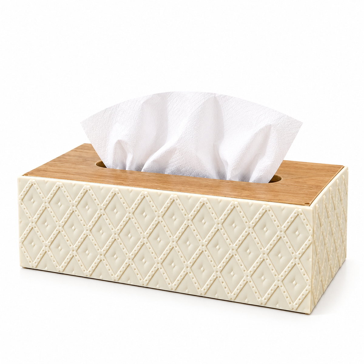 CREAM WHITE DIAMOND TEXTURE RECTANGULAR TISSUE BOX WITH WOODEN STYLE LID