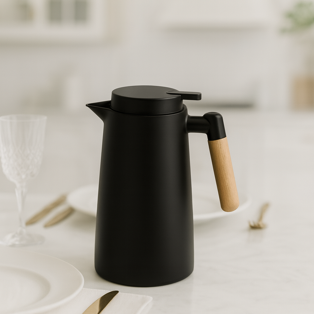 MODERN THERMAL JUG  1 LITRE – BLACK FINISH WITH WOODEN HANDLE