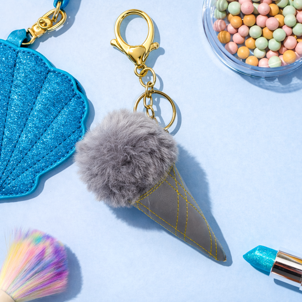 ICE CREAM CONE POM POM KEYCHAIN – FLUFFY FUR BALL BAG CHARM & CAR KEYRING FOR GIRLS PURSE BACKPACK & GIFT