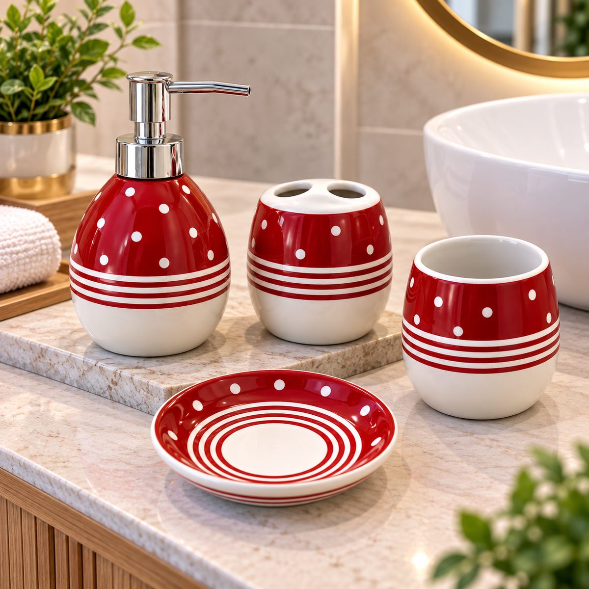 RED & WHITE POLKA DOT CERAMIC BATHROOM ACCESSORY SET