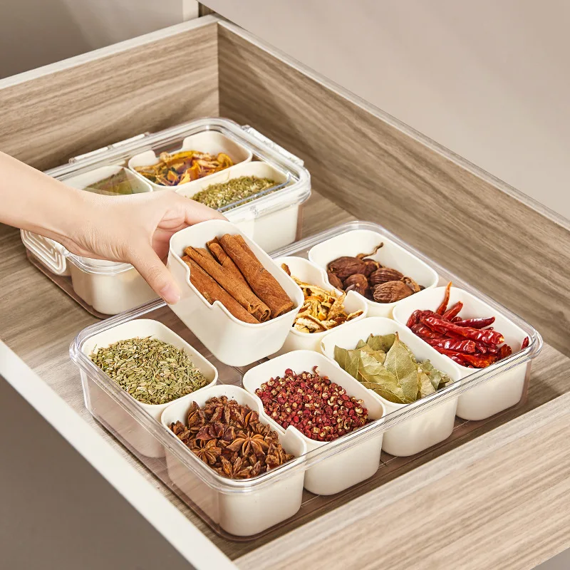 KITCHEN SEASONING STORAGE BOX 8-GRID SPICE BOX SEALED MOISTURE-PROOF SALT TANK