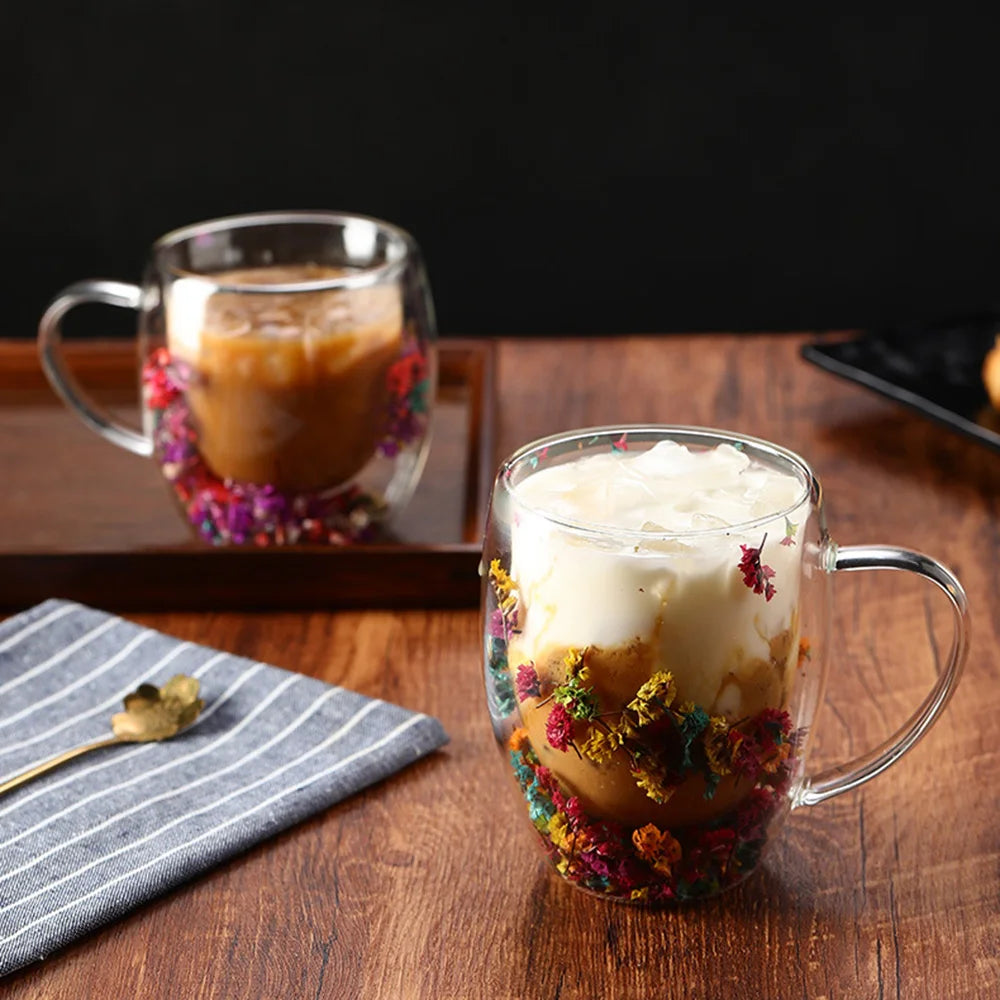 DRIED FLOWER DOUBLE WALL GLASS MUG - 250ML